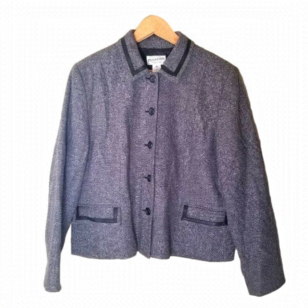 𝅺Pendleton Wool Preppy Equine Boxy Blazer Jacket Leather Trim Size 18